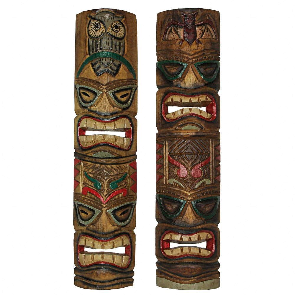 Set Of 2 Hand-carved Wood Tiki Wall Hanging Mask Sculptures - Owl & Bat Totems😛